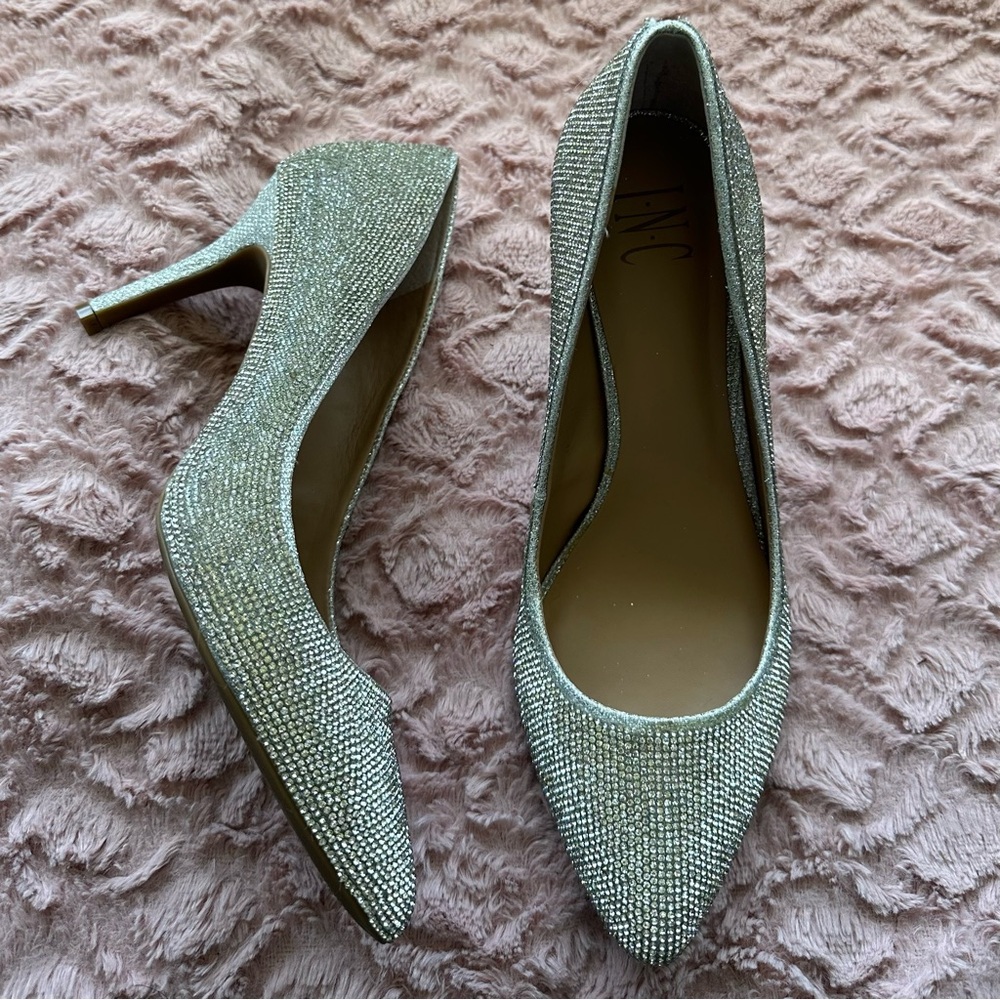 INC Silver Rhinestone Pump with 3.5” Heel, Size 9.5